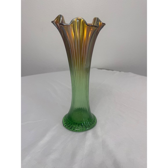 Unbranded Other - Vintage Green Iridescent Carnival Glass Swung Vase Ruffled Rim 10 Inch